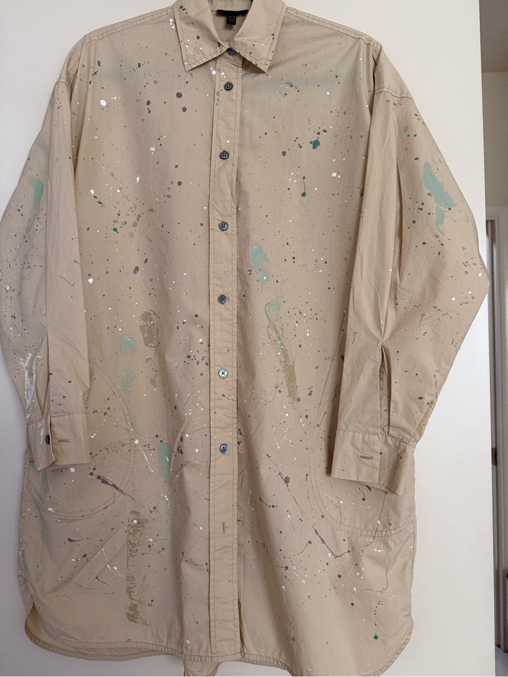 Oversized Beige Paint-Splatter Shirt Dress
